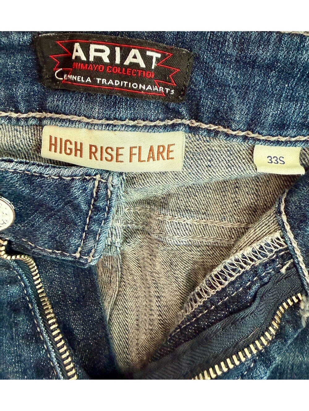 Ariat Himayo High Rise Flare Jeans Southwestern Print Raw Hem 33 Short - Picture 3 of 5